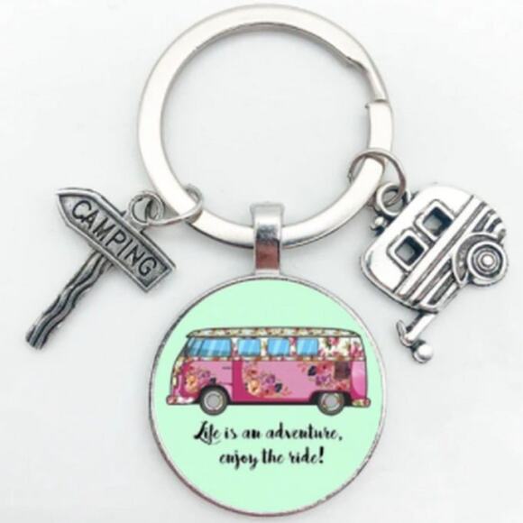 LIFE IS AN ADVENTURE, ENJOY THE RIDE Trailer Wagon Camping Silver Cute Keychain - Picture 1 of 1